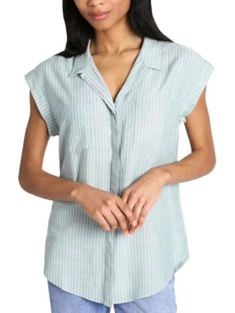 NWT JACHS Girlfriend Women's XL Green Striped Sleeveless Button Down Shirt